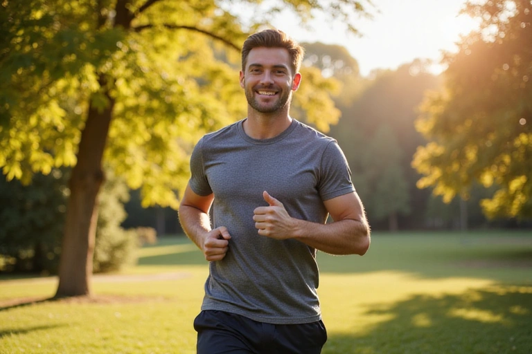 Un uomo energico e sorridente che fa attività fisica all'aperto, simbolo di benessere e vitalità raggiunti tramite integratori naturali.